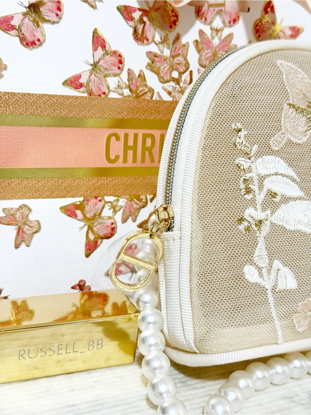 Dior Beauty Butterfly Floral Embroidered Mesh Pouch with Pearl Strap & Gift Bag